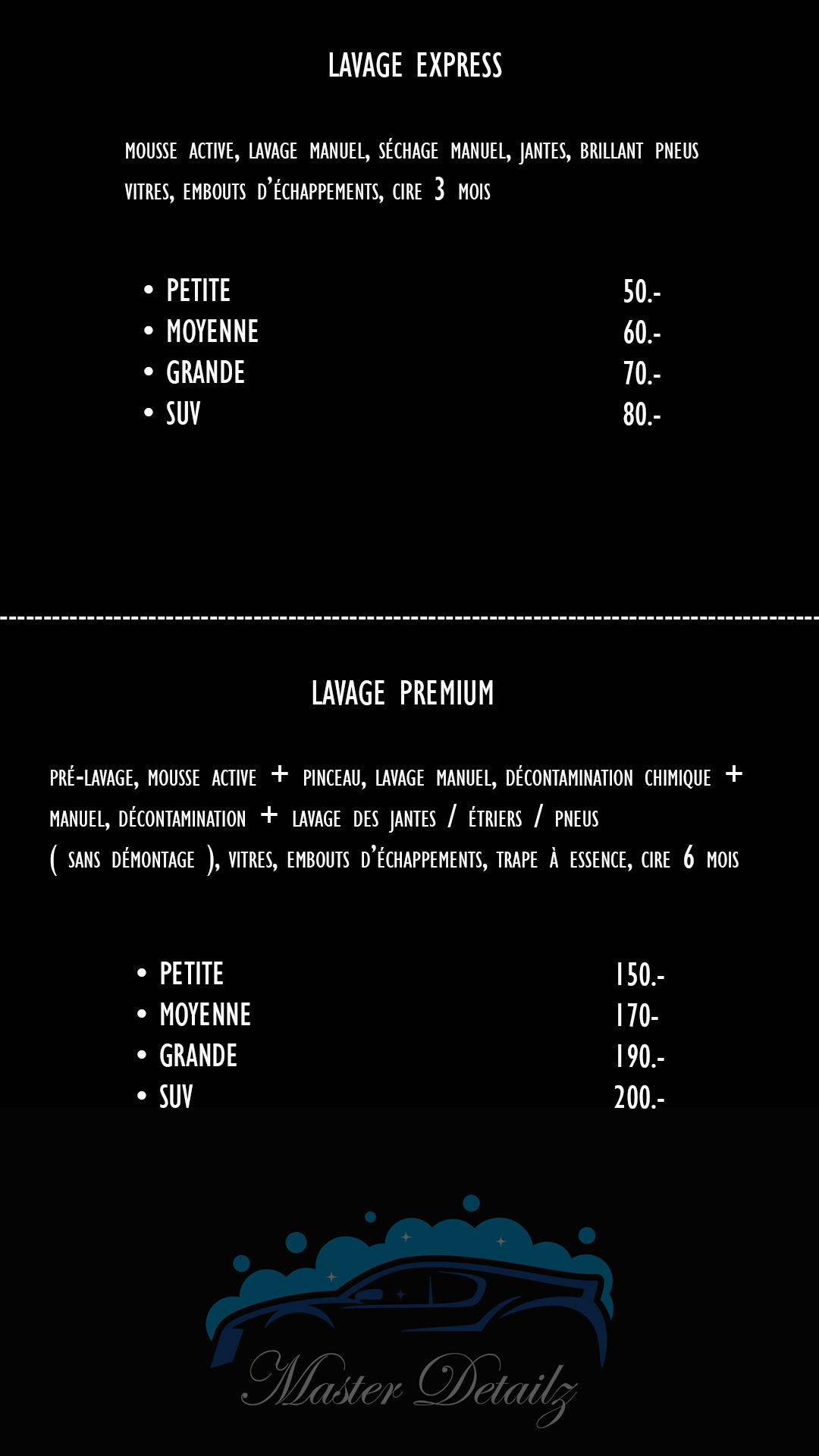 Tarifs nettoyage express voiture - Master Detailz