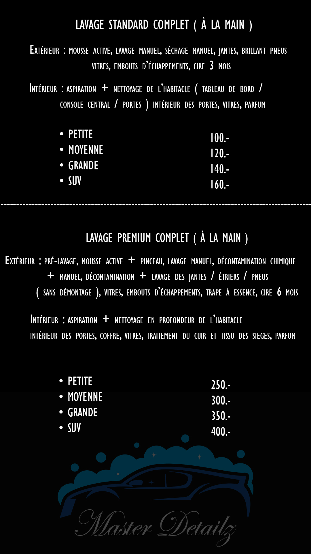 Tarifs nettoyage complet voiture intérieur et extérieur - Master Detailz